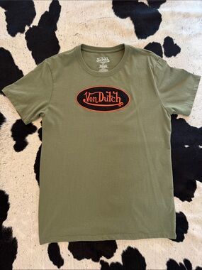 Von Dutch Olive Green Short Sleeve Tee with Orange & Black Logo